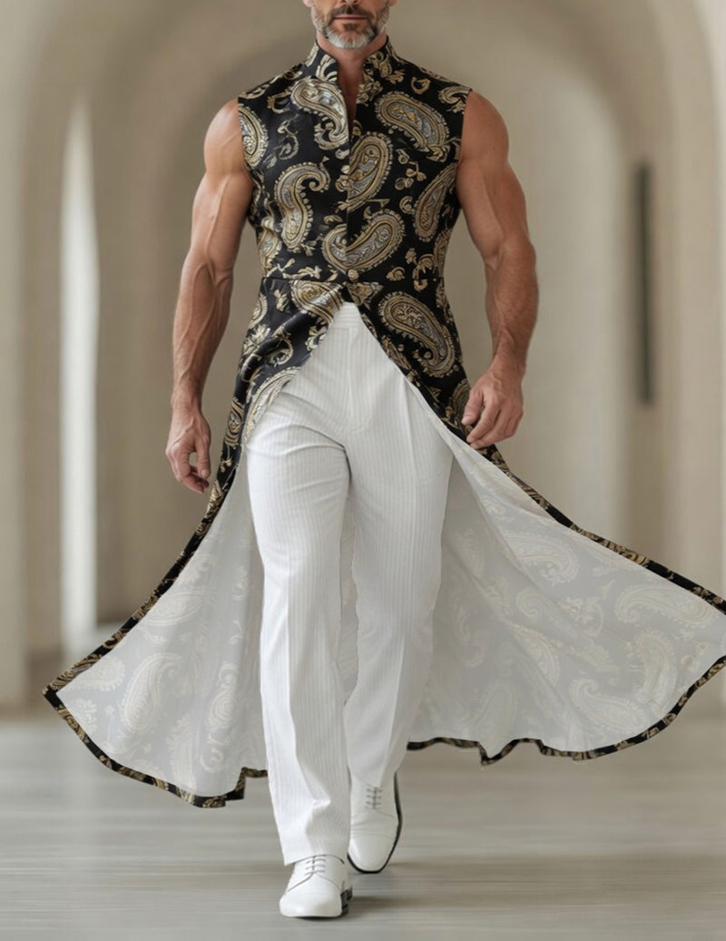 Men's Peacock Paisley Sleeveless Mandarin Collar Long Tailcoat Jacket