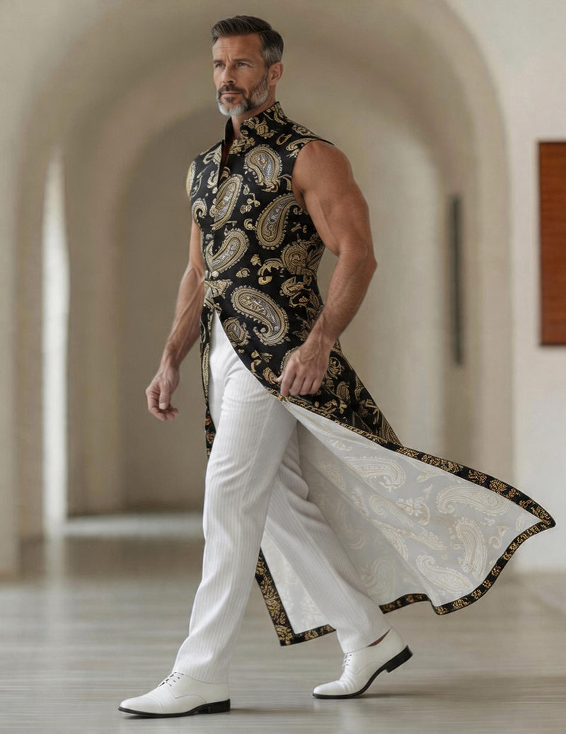 Men's Peacock Paisley Sleeveless Mandarin Collar Long Tailcoat Jacket
