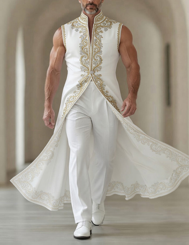 Men's Elegant Ornate Paisley Sleeveless Mandarin Collar Long Tailcoat Jacket