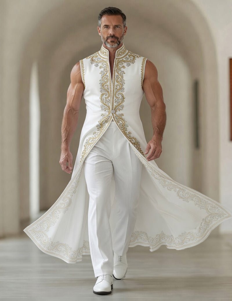 Men's Elegant Ornate Paisley Sleeveless Mandarin Collar Long Tailcoat Jacket