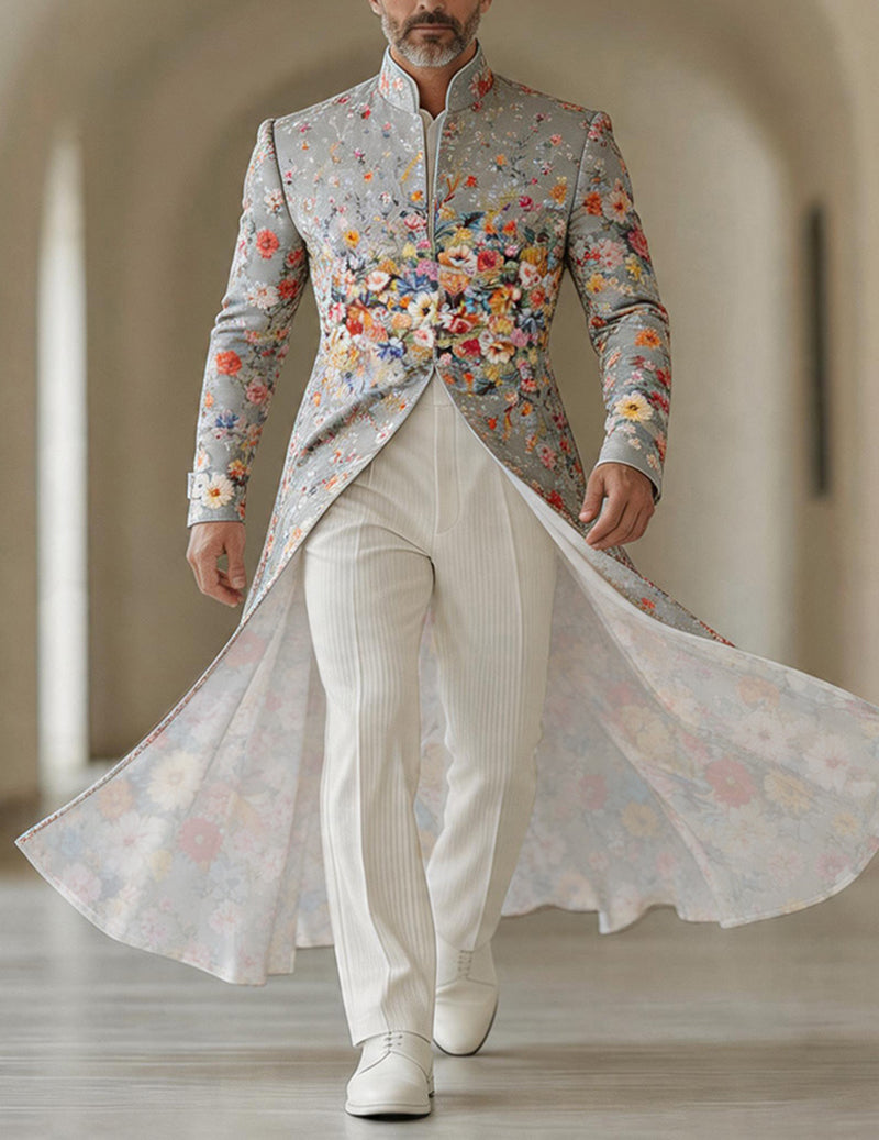 Men's Bold Paisley Floral Mandarin Collar Long Tailcoat Jacket