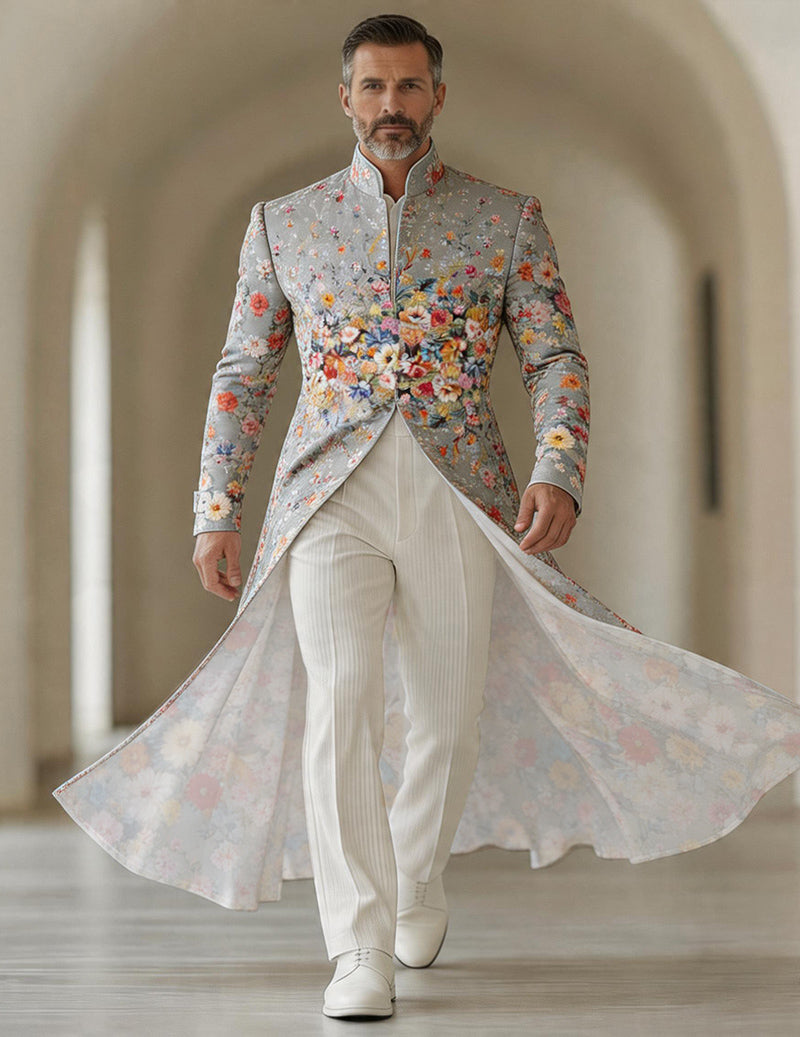 Men's Bold Paisley Floral Mandarin Collar Long Tailcoat Jacket