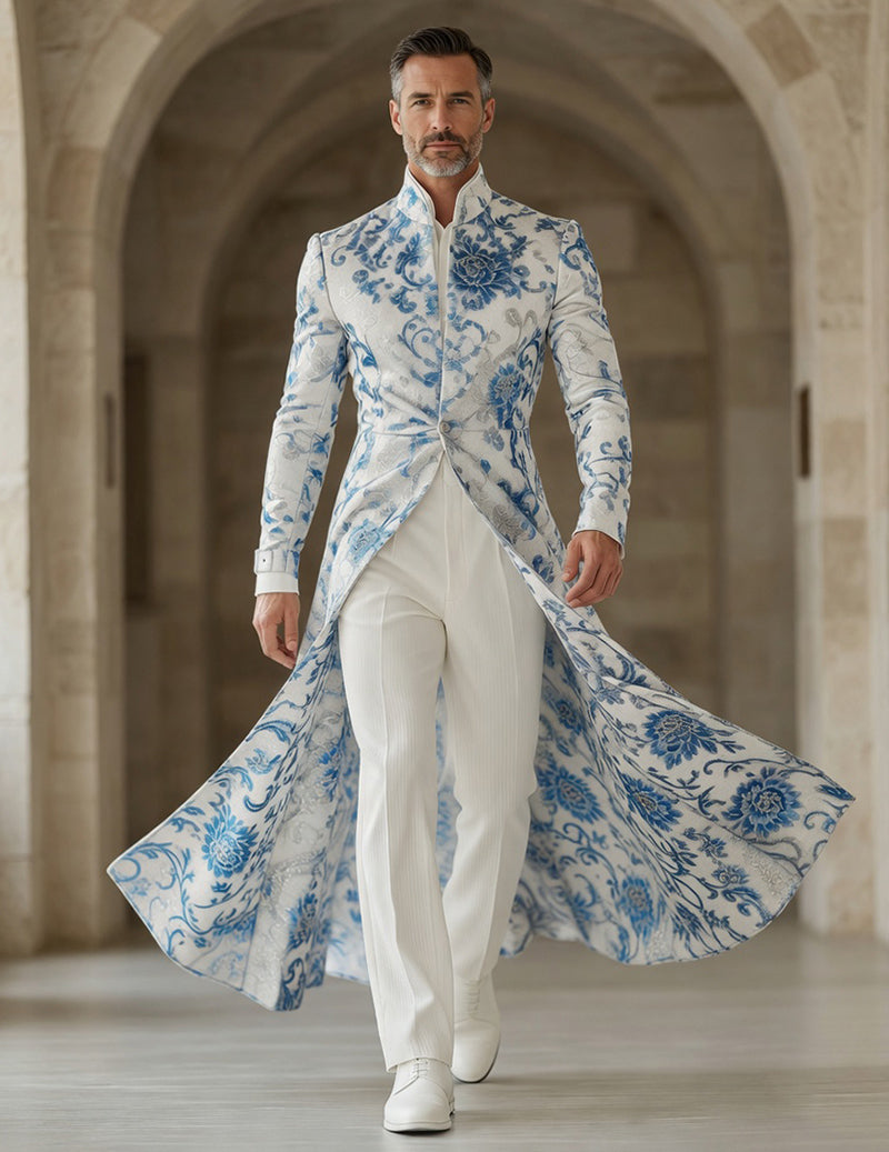 Men's Blue Floral Embroidered Tailcoat â€?Mandarin Collar Long Jacket